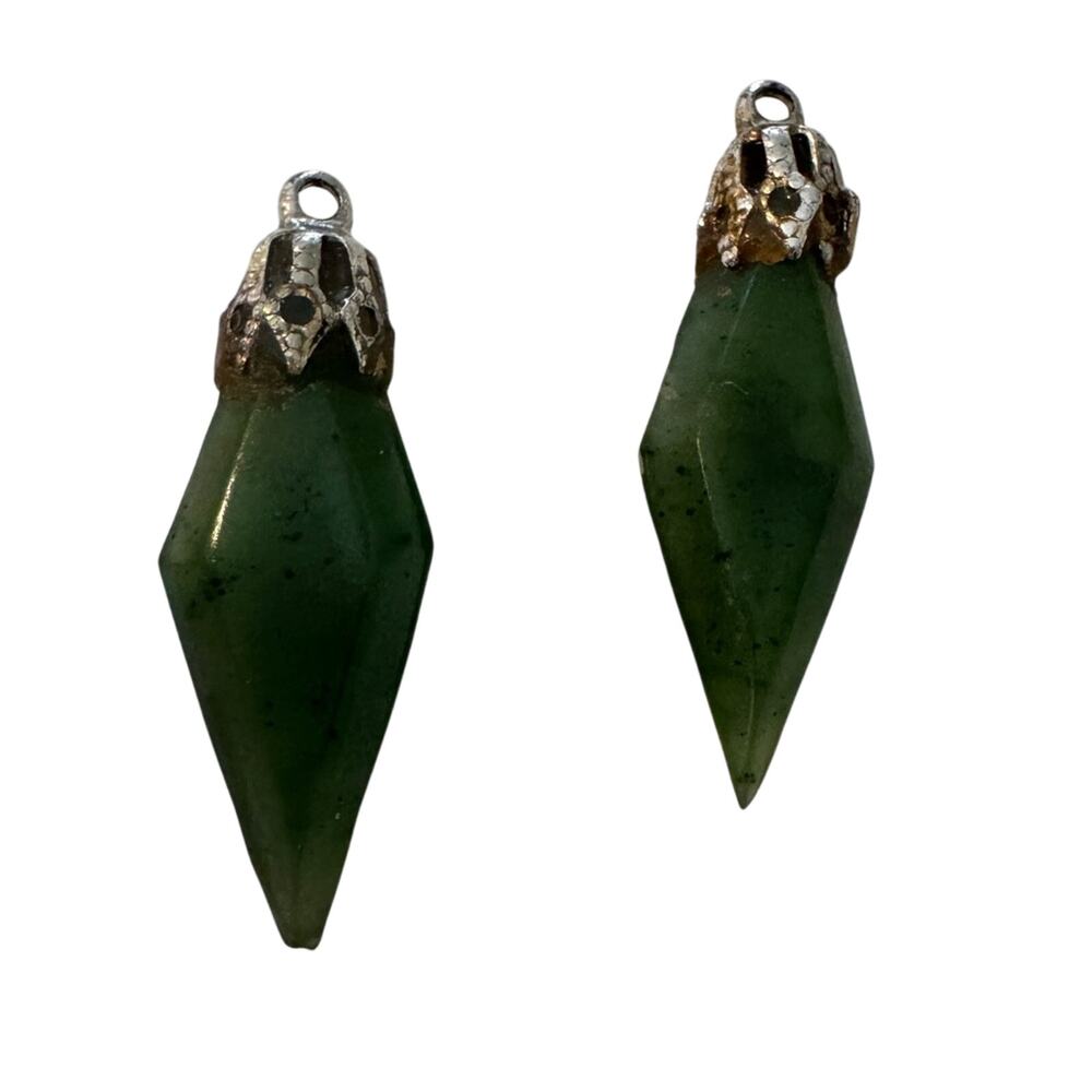 Vintage Jade Pendants Set of Two Silver Tone